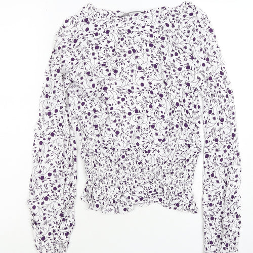 M&S Women White Purple Floral Cropped Viscose Blouse Size 10