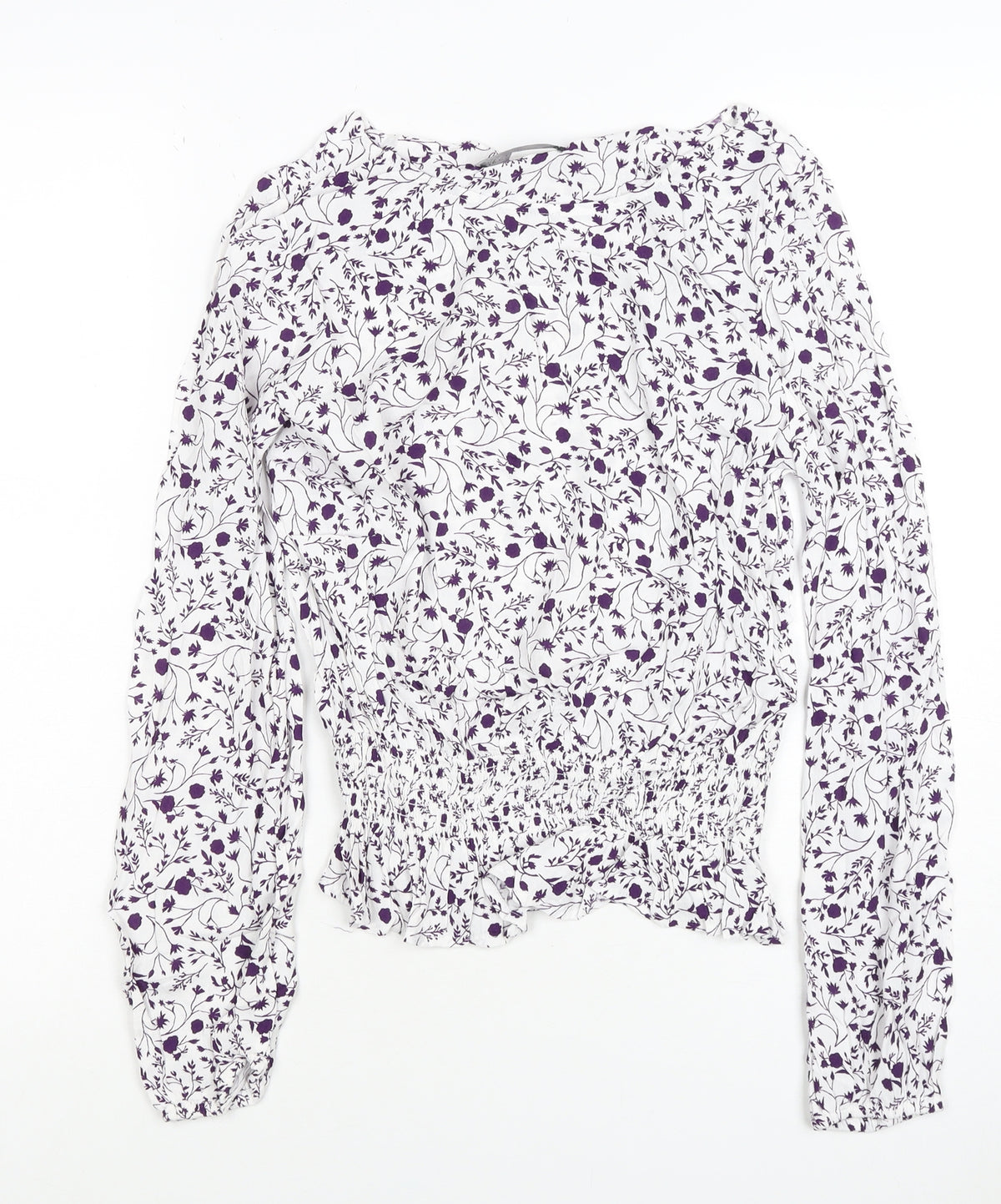 M&S Women White Purple Floral Cropped Viscose Blouse Size 10