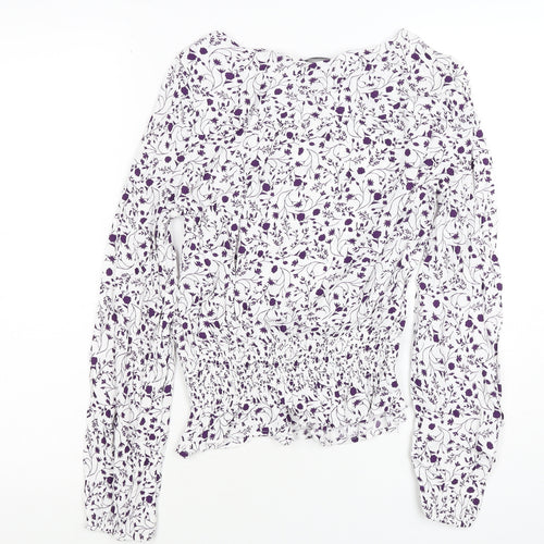 M&S Women White Purple Floral Cropped Viscose Blouse Size 10