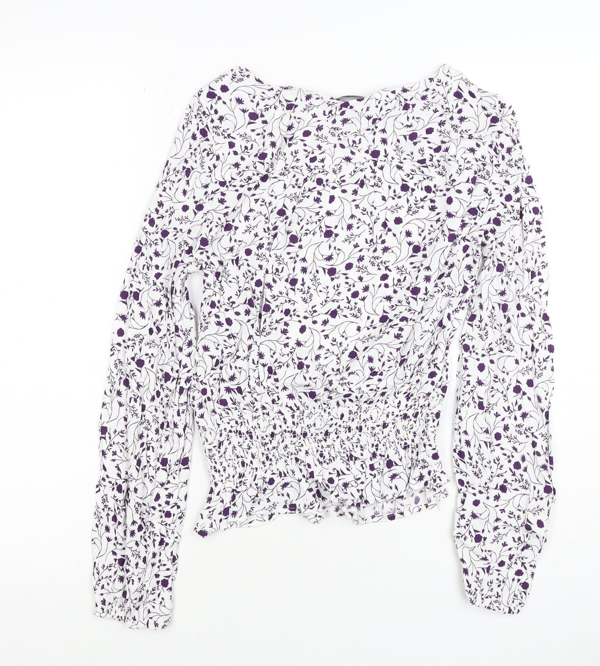 M&S Women White Purple Floral Cropped Viscose Blouse Size 10
