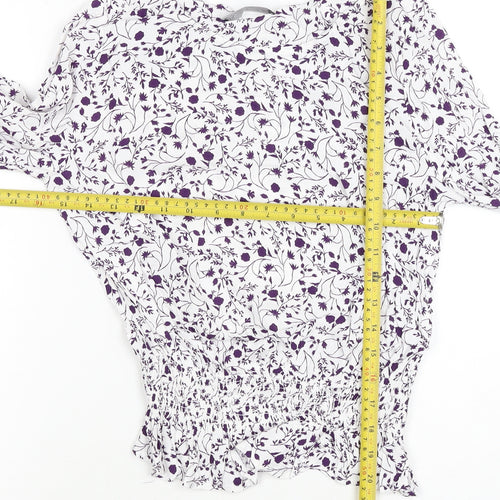 M&S Women White Purple Floral Cropped Viscose Blouse Size 10