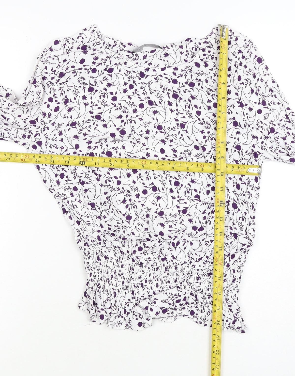 M&S Women White Purple Floral Cropped Viscose Blouse Size 10