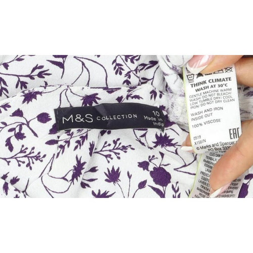 M&S Women White Purple Floral Cropped Viscose Blouse Size 10