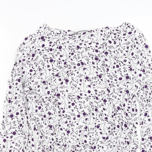 M&S Women White Purple Floral Cropped Viscose Blouse Size 10