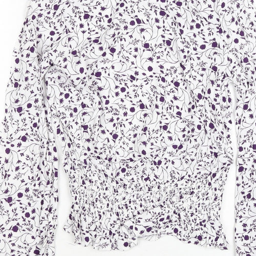 M&S Women White Purple Floral Cropped Viscose Blouse Size 10