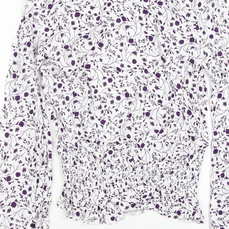 M&S Women White Purple Floral Cropped Viscose Blouse Size 10