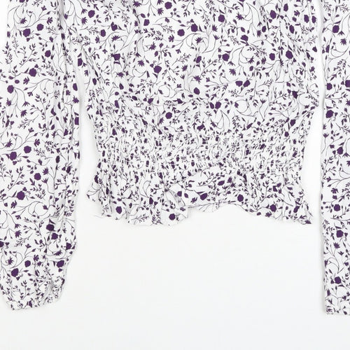 M&S Women White Purple Floral Cropped Viscose Blouse Size 10