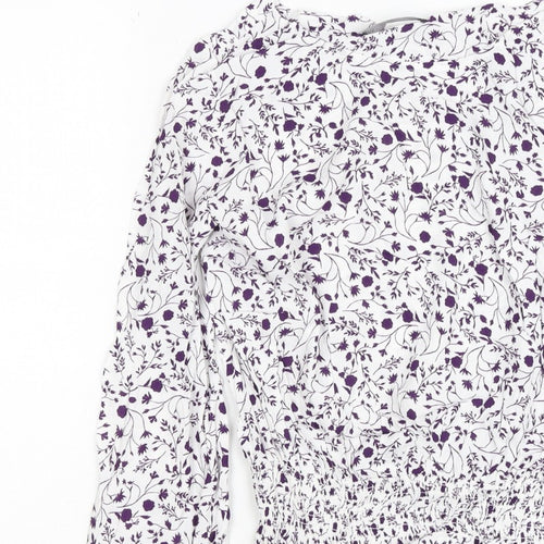 M&S Women White Purple Floral Cropped Viscose Blouse Size 10