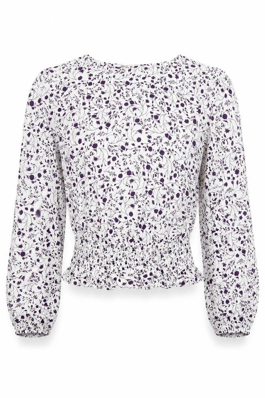 M&S Women White Purple Floral Cropped Viscose Blouse Size 10