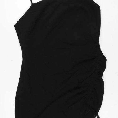 Zara Women Black L Midi Slip Dress Strappy Ruched Side Zip Party