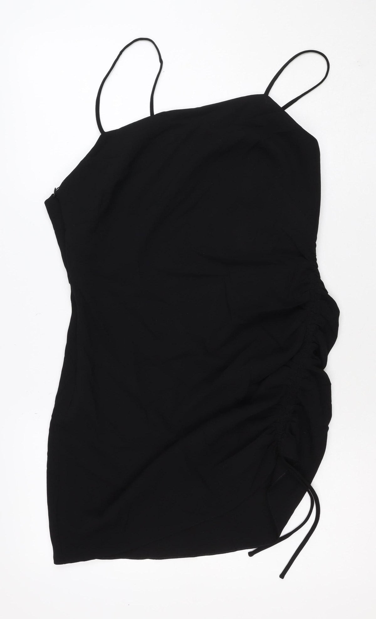 Zara Women Black L Midi Slip Dress Strappy Ruched Side Zip Party