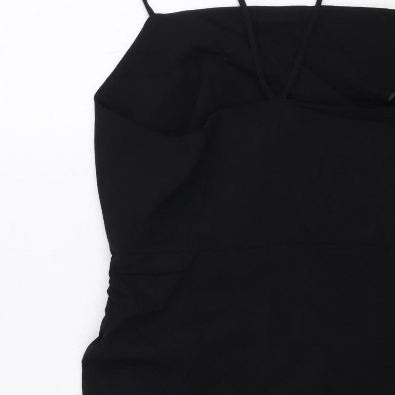 Zara Women Black L Midi Slip Dress Strappy Ruched Side Zip Party