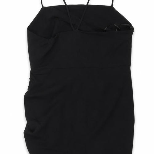 Zara Women Black L Midi Slip Dress Strappy Ruched Side Zip Party
