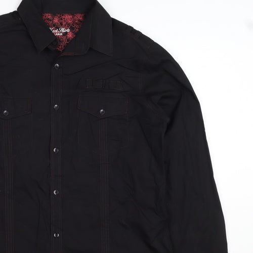 Next Men's Black L Long Sleeve Button-Up Shirt Red Stitching Pockets