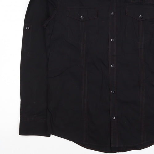 Next Men's Black L Long Sleeve Button-Up Shirt Red Stitching Pockets