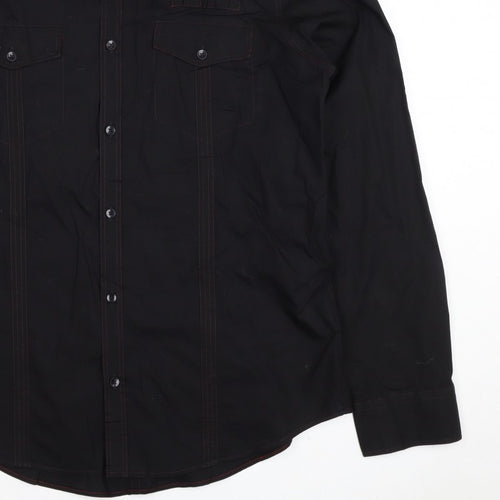 Next Men's Black L Long Sleeve Button-Up Shirt Red Stitching Pockets