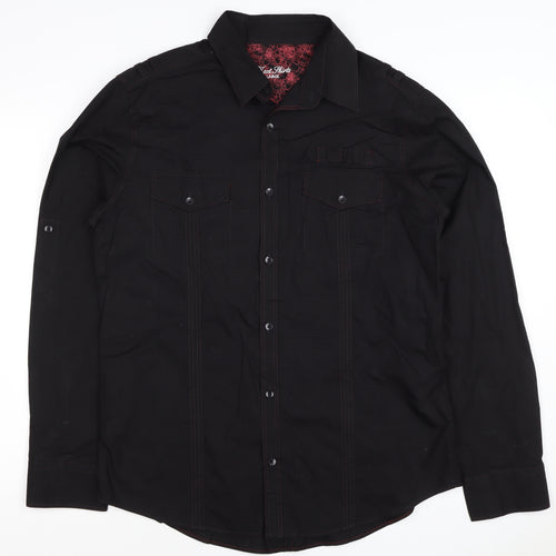 Next Men's Black L Long Sleeve Button-Up Shirt Red Stitching Pockets