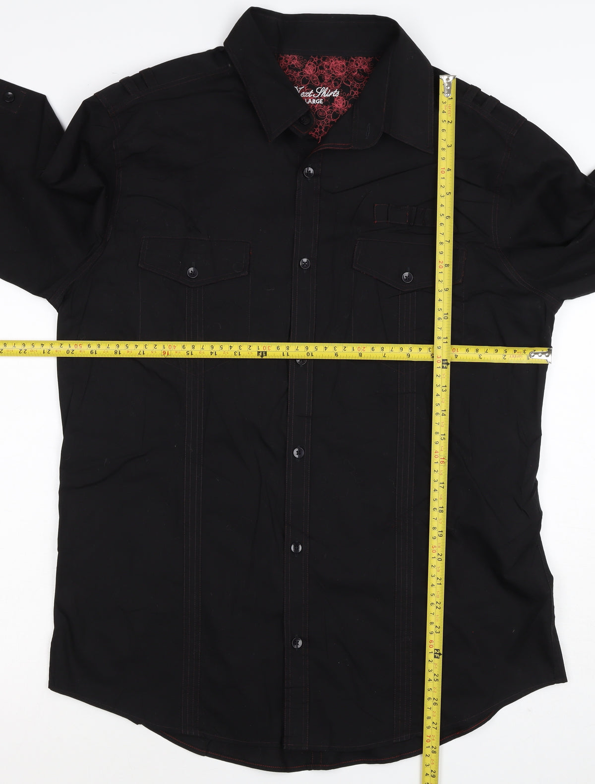 Next Men's Black L Long Sleeve Button-Up Shirt Red Stitching Pockets