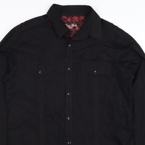 Next Men's Black L Long Sleeve Button-Up Shirt Red Stitching Pockets