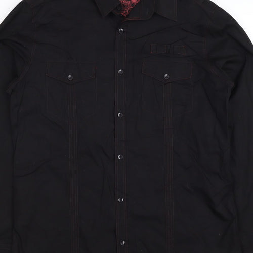 Next Men's Black L Long Sleeve Button-Up Shirt Red Stitching Pockets