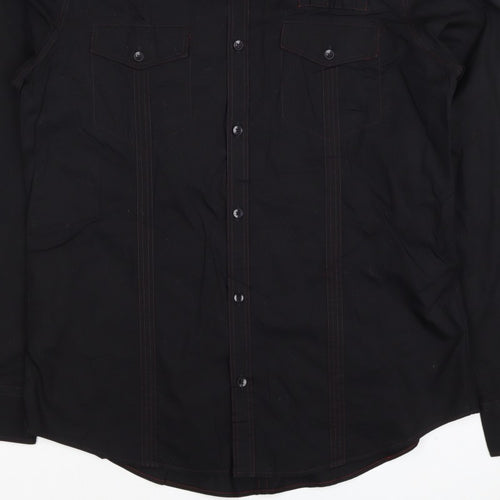 Next Men's Black L Long Sleeve Button-Up Shirt Red Stitching Pockets