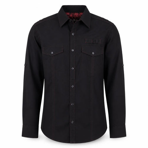 Next Men's Black L Long Sleeve Button-Up Shirt Red Stitching Pockets