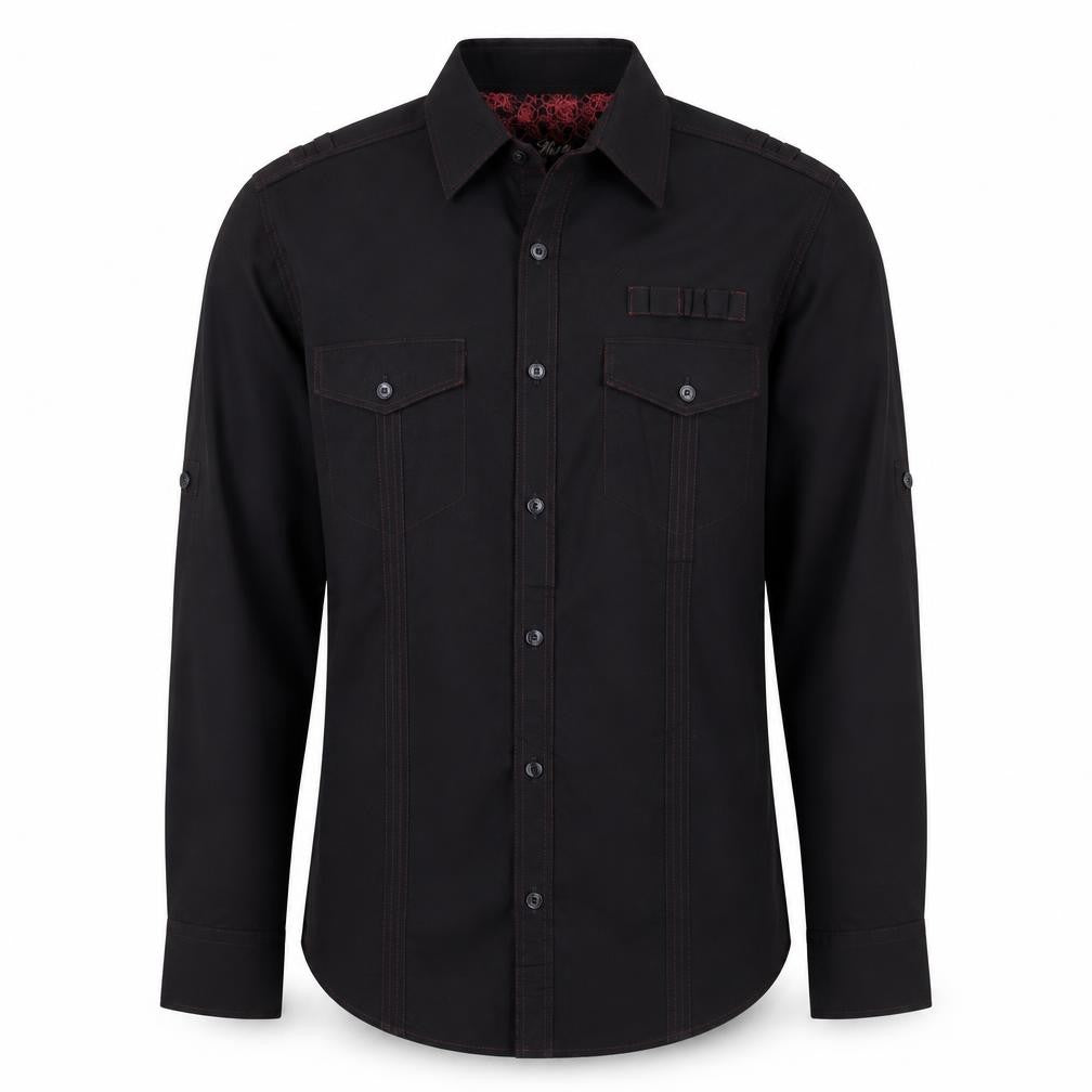 Next Men's Black L Long Sleeve Button-Up Shirt Red Stitching Pockets
