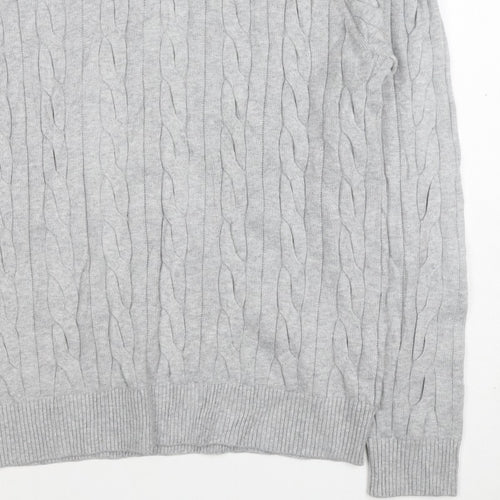 M&S Mens Grey L Cable Knit Half Zip High Neck Cotton Blend Jumper