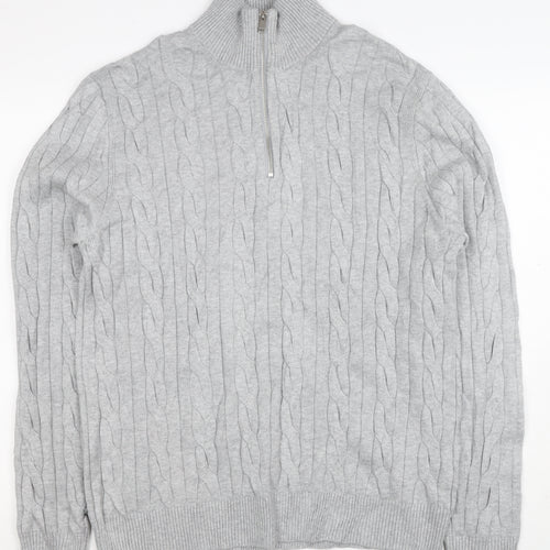 M&S Mens Grey L Cable Knit Half Zip High Neck Cotton Blend Jumper