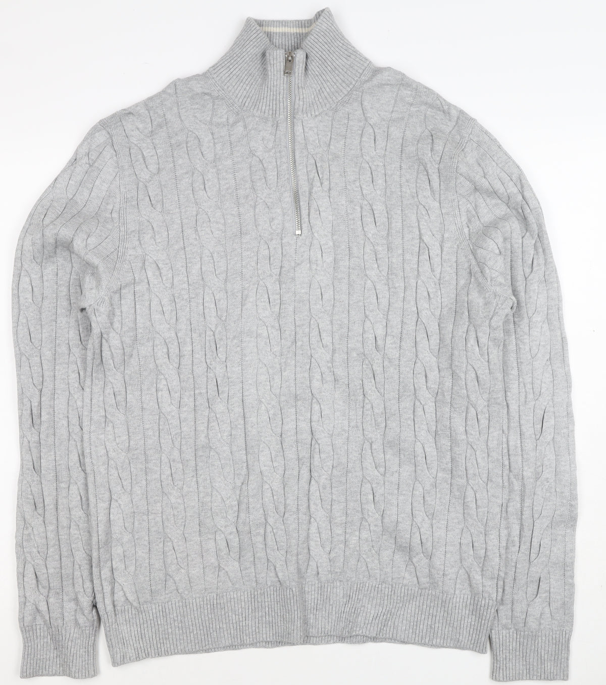 M&S Mens Grey L Cable Knit Half Zip High Neck Cotton Blend Jumper