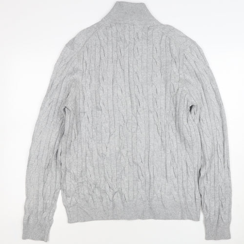 M&S Mens Grey L Cable Knit Half Zip High Neck Cotton Blend Jumper