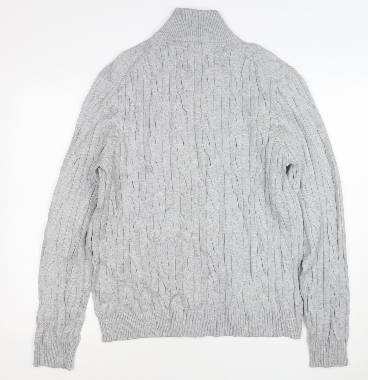 M&S Mens Grey L Cable Knit Half Zip High Neck Cotton Blend Jumper