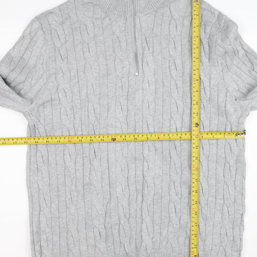 M&S Mens Grey L Cable Knit Half Zip High Neck Cotton Blend Jumper