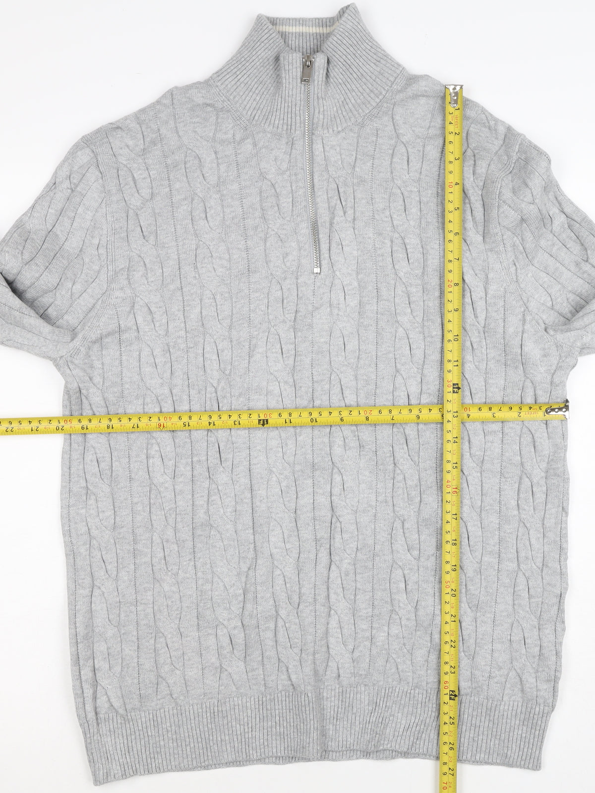 M&S Mens Grey L Cable Knit Half Zip High Neck Cotton Blend Jumper