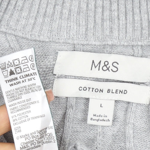 M&S Mens Grey L Cable Knit Half Zip High Neck Cotton Blend Jumper