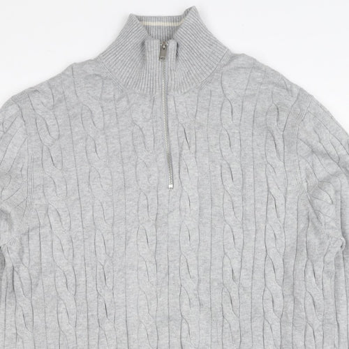 M&S Mens Grey L Cable Knit Half Zip High Neck Cotton Blend Jumper