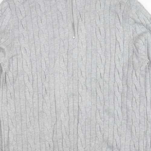 M&S Mens Grey L Cable Knit Half Zip High Neck Cotton Blend Jumper