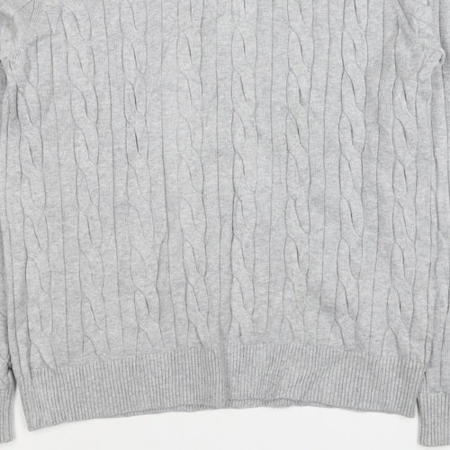 M&S Mens Grey L Cable Knit Half Zip High Neck Cotton Blend Jumper