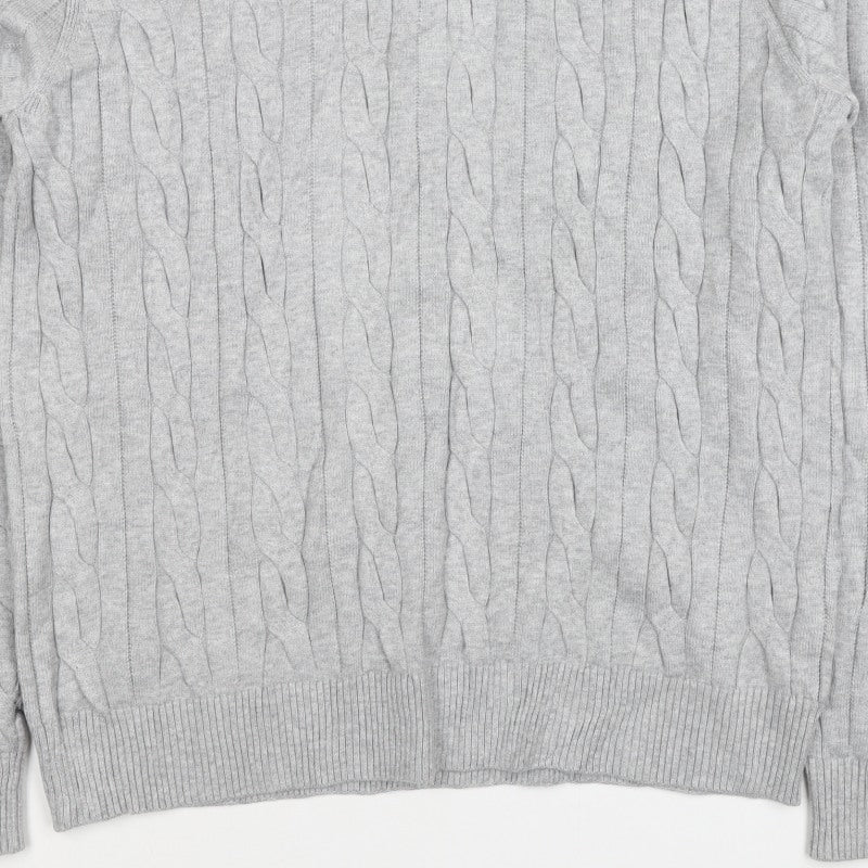 M&S Mens Grey L Cable Knit Half Zip High Neck Cotton Blend Jumper
