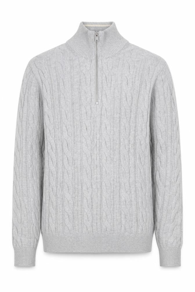 M&S Mens Grey L Cable Knit Half Zip High Neck Cotton Blend Jumper