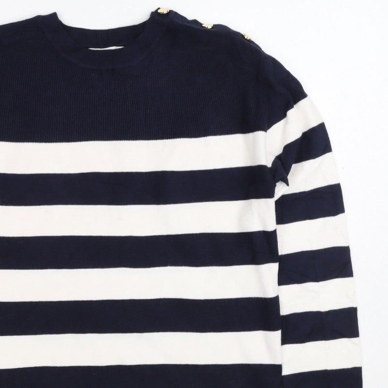 Additional view of M&S Women Navy Ivory Stripe Crew Neck Button Shoulder Jumper, size S