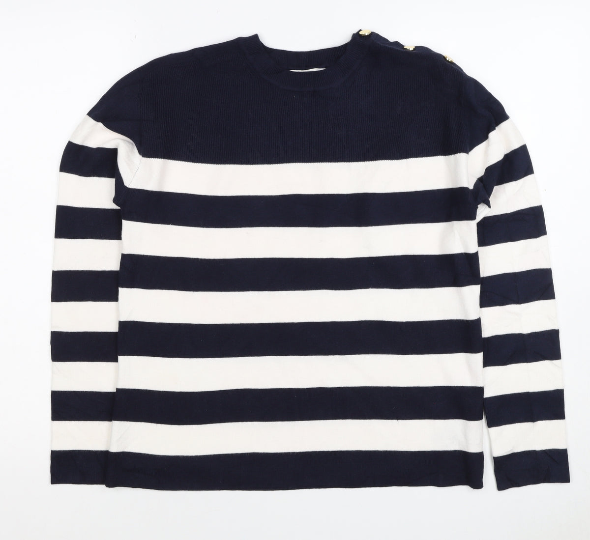 Back view of M&S Women Navy Ivory Stripe Crew Neck Button Shoulder Jumper, size S