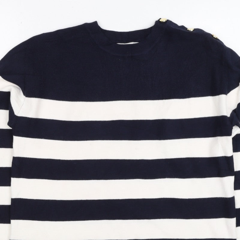 Additional view of M&S Women Navy Ivory Stripe Crew Neck Button Shoulder Jumper, size S