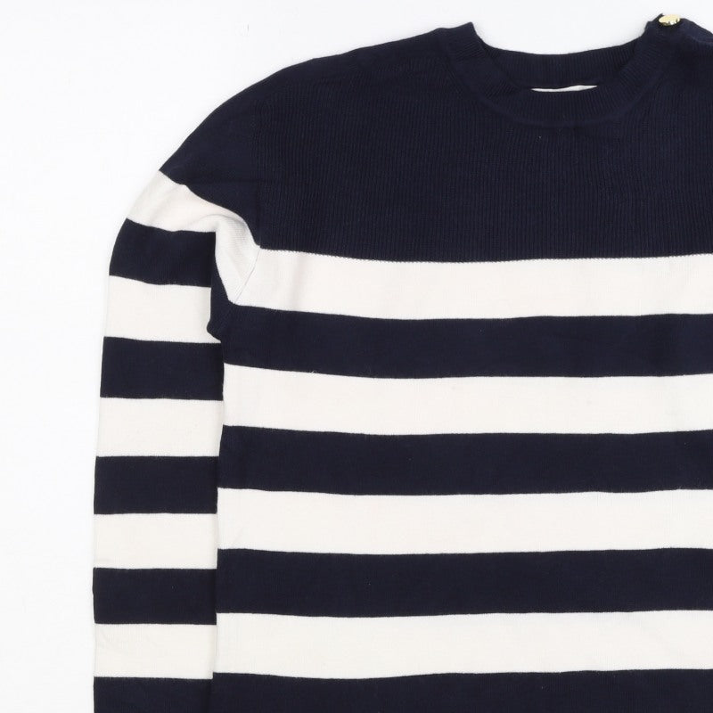 Additional view of M&S Women Navy Ivory Stripe Crew Neck Button Shoulder Jumper, size S