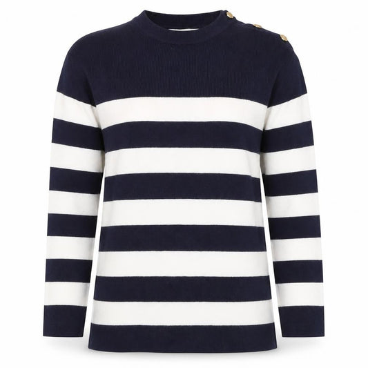 M&S Women Navy Ivory Stripe Crew Neck Button Shoulder Jumper Size S