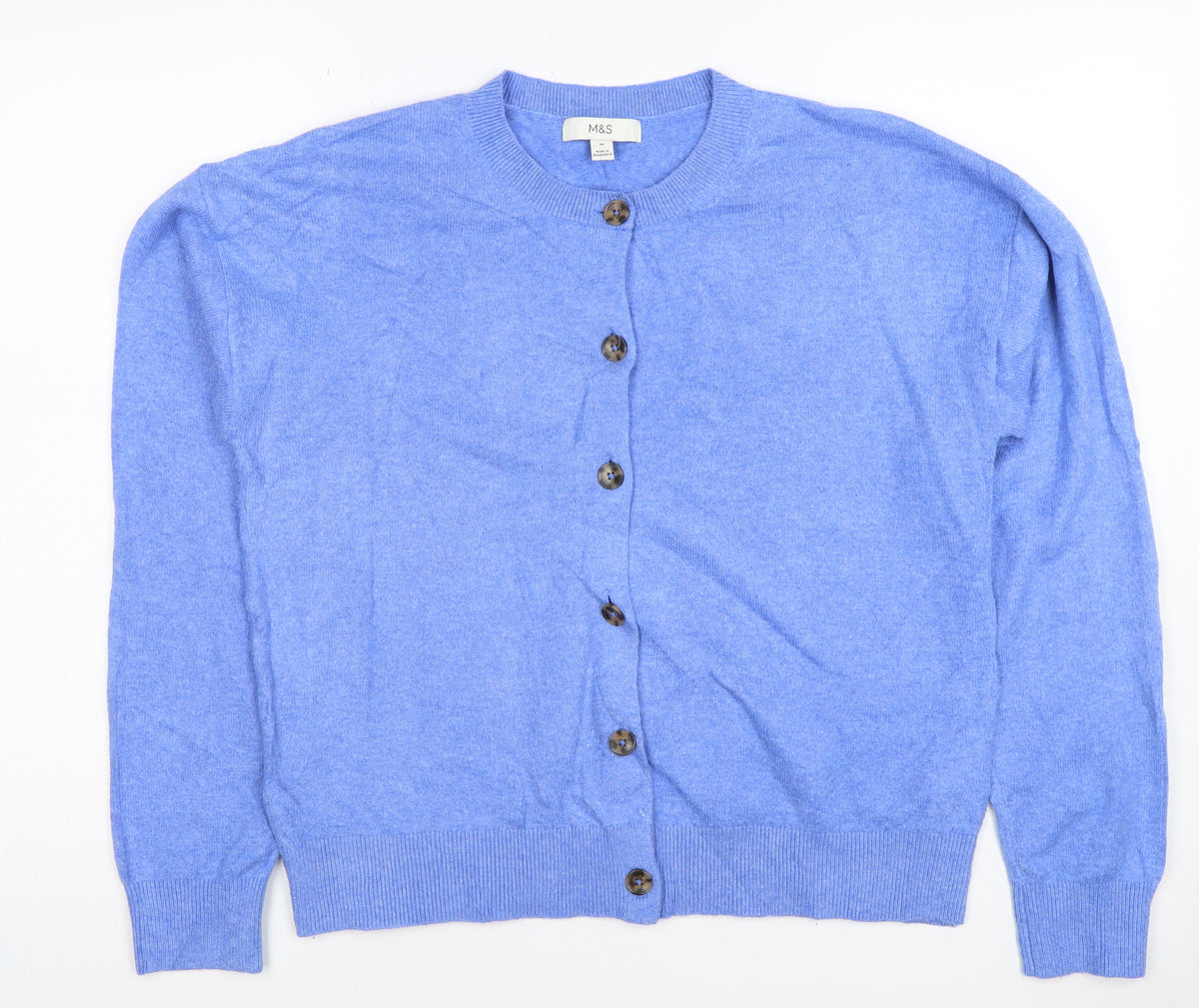 Marks & Spencer Women Blue M Button Knit Round Neck Cardigan