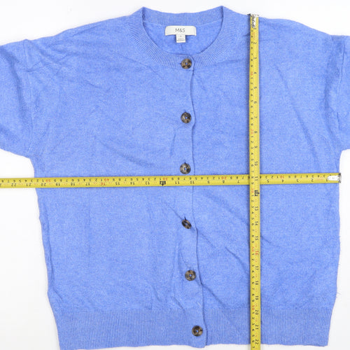 Marks & Spencer Women Blue M Button Knit Round Neck Cardigan