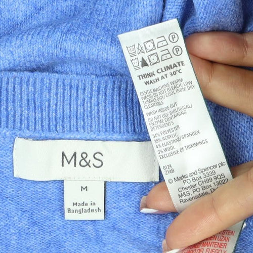 Marks & Spencer Women Blue M Button Knit Round Neck Cardigan