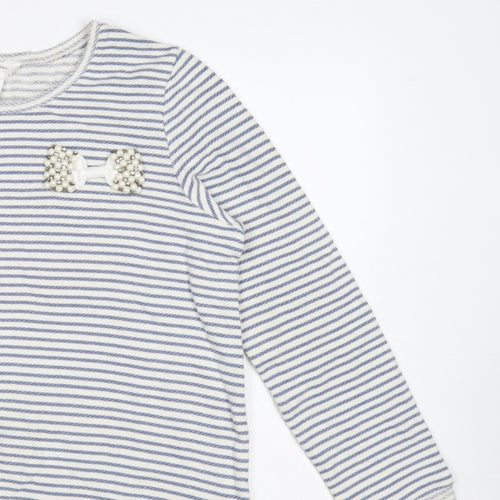 Soft Grey Women’s Blue White Stripe Beaded Bow Cotton Top UK 16