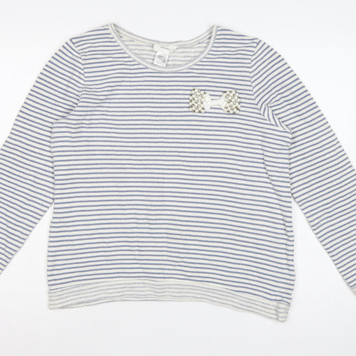Soft Grey Women’s Blue White Stripe Beaded Bow Cotton Top UK 16
